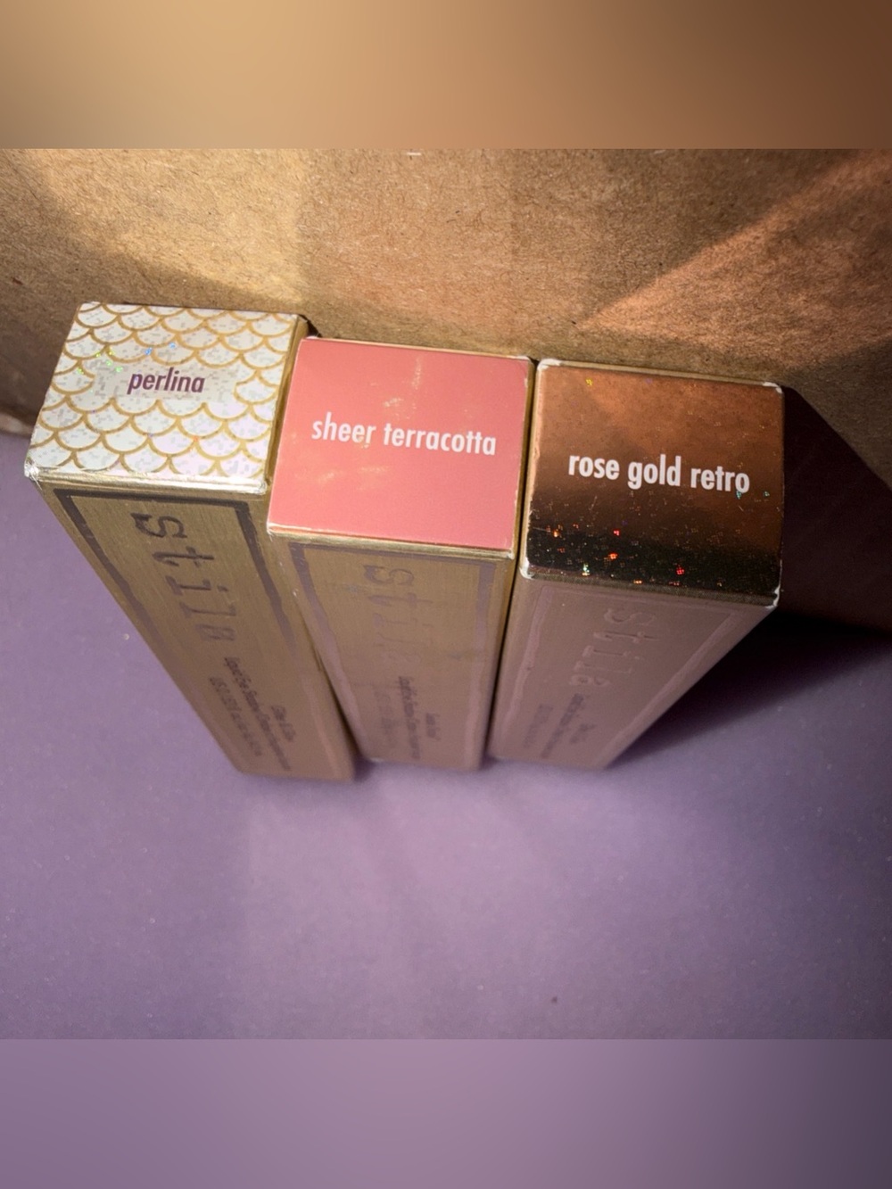 Stila perlina glitter, rose gold retro glitter & sheer terracotta eyeshadow